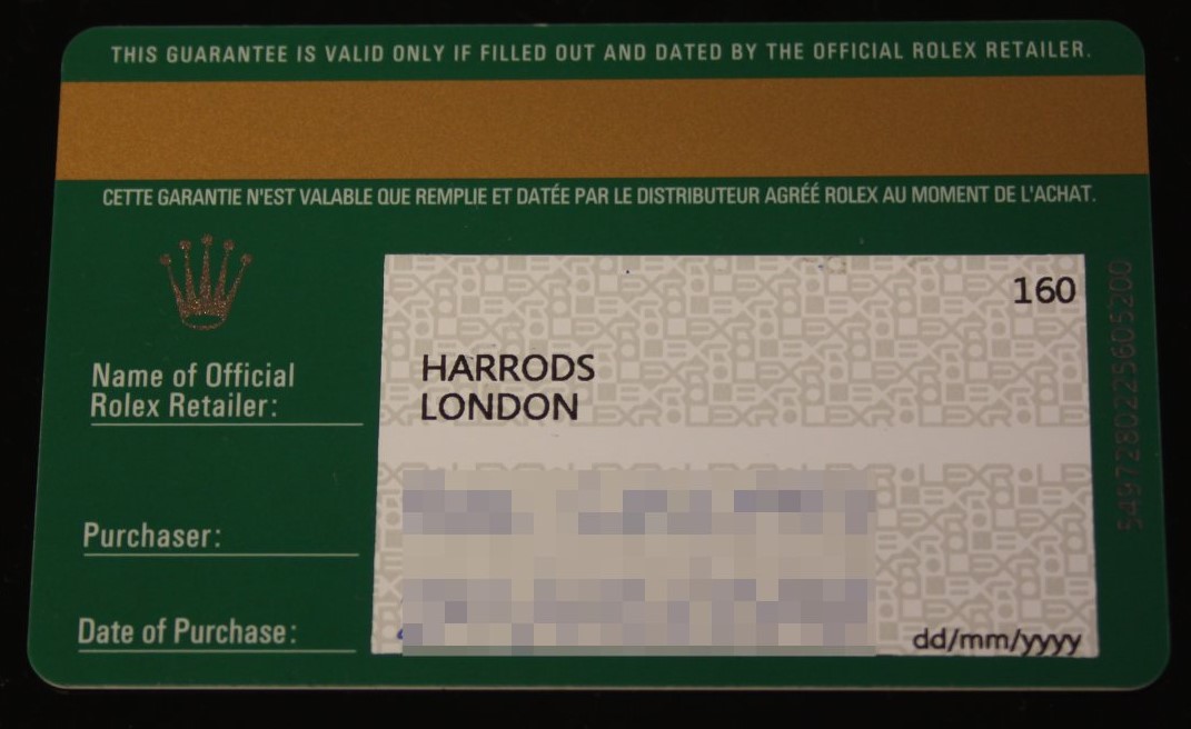 Rolex Warranty Card Back